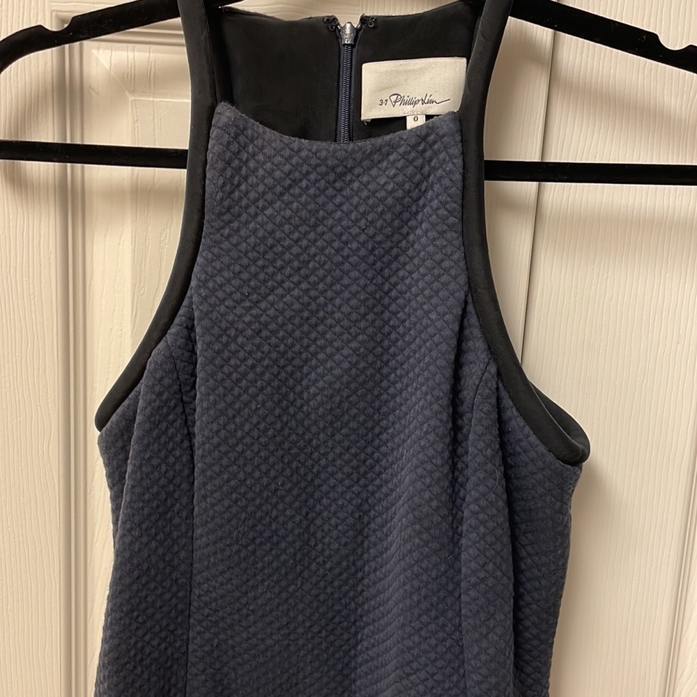 Phillip Lim quilted scuba blue racer back mini dress size 0 black rolled trim.